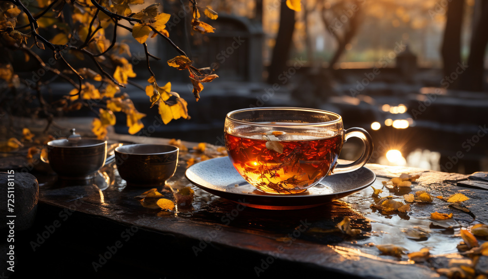 Sticker hot drink on wooden table in autumn forest generated by ai