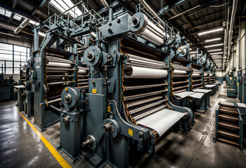 large old fashioned newspaper printing press machines in an industrial setting - obrazy, fototapety, plakaty