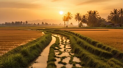Fototapeta premium Rice fields, pathway, wedding backdrop, photography backdrop,