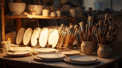brushes on the table, Step into an art studio where impeccable lighting accentuates the beauty of brushes and ceramic plates arranged on a workbench