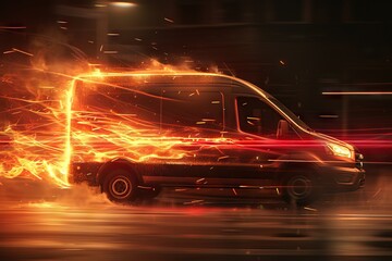 Super fast delivery of package service with van fire effect. Generative AI