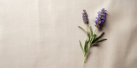 Lavender on a Natural Linen Fabric. Cotton Tablecloth Floral Background. Generative AI