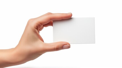 Obraz premium Hand holding blank business card isolated on white.