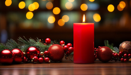 Glowing candle illuminates winter celebration, Christmas tree shines bright generated by AI