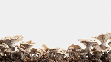A dense cluster of mushrooms spreading across the soil.