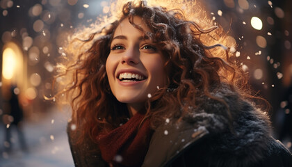 Smiling young woman enjoys winter outdoors, radiating happiness and beauty generated by AI