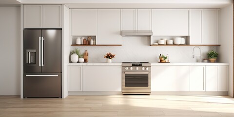  chic kitchen with white walls, tiled floor, white countertops, cupboards, and large fridge.