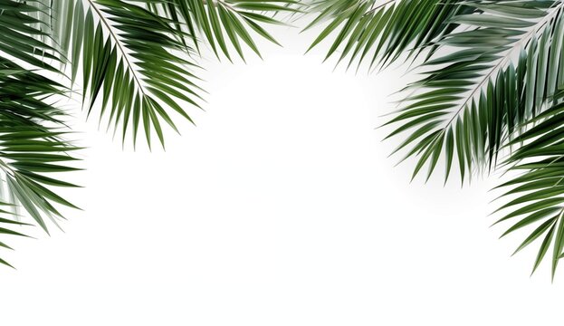 Vibrant palm leaves on a white backdrop, showcasing the lushness of a tropical paradise.