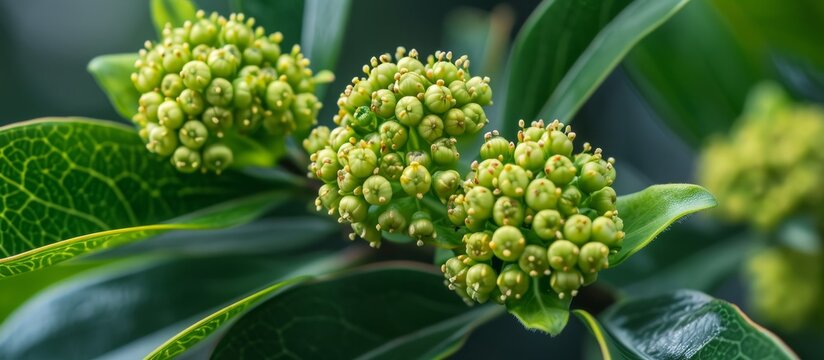 Blooming flowers of Kew Green skimmia japonica in close-up view.