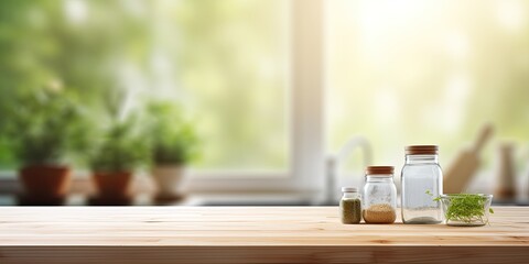 Blur kitchen window background with wood table top - ideal for display or montage of products (or...