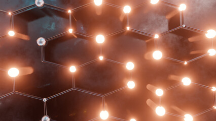 3d rendering of a minimalist yet complex representation of a network system with multiple connection lines, metallic spheres, warm lights placed on a reflective wet surface with soft focus background