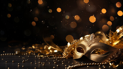 Fototapety  Maska na bal karnawałowy - złote tło na karnawał. Impreza na ostatki. Kolorowy błyszczący szablon na plakat lub baner na social media.