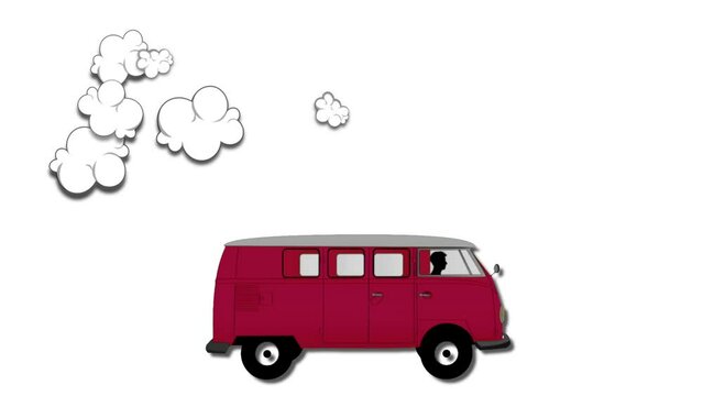 Red cartoon van driving across the screen