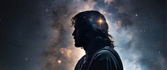 Jesus in a silhouette double exposure. In the background is the Milky Way galaxy. Stylish in the style of double exposure - obrazy, fototapety, plakaty
