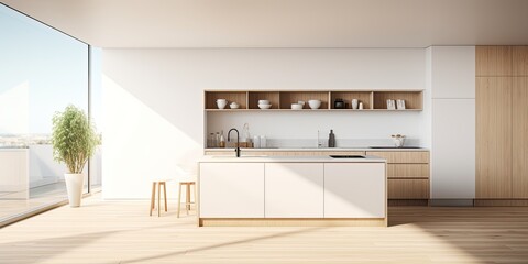 Minimalist design concept ed in showcases a well-lit kitchen with a panoramic window, white walls, oak flooring, a sink, gas cooker, and sleek kitchen accessories.