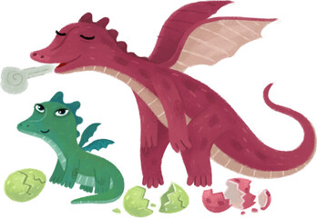 cartoon scene with dragons dino family parent with kid isolated illustration for children