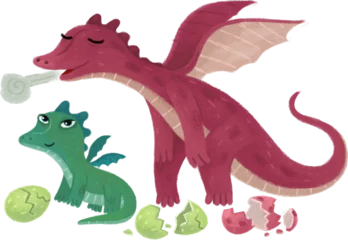 Foto auf Leinwand cartoon scene with dragons dino family parent with kid isolated illustration for children © honeyflavour