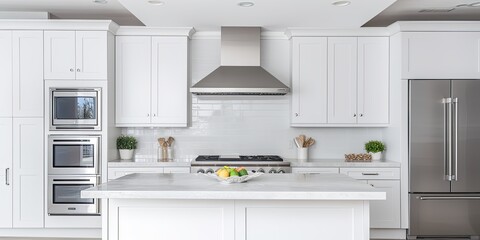 Fototapeta premium Luxurious new home with detailed white kitchen: complete with oven, range, stainless steel fridge, hood, cabinets, and countertop.