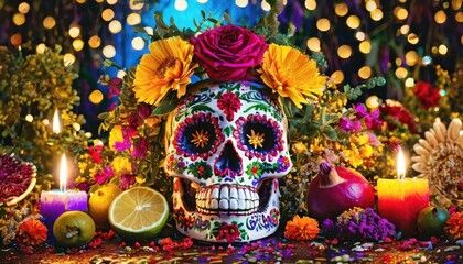 Hispanic heritage sugar skull marigold Festive dia de los muertos background 3d render 3d illustration digital illustration Día de Muertos - obrazy, fototapety, plakaty