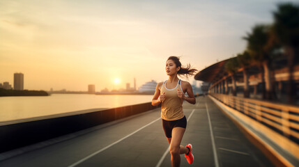 young asian woman running outdoors in a maritime walk at sunset - healthy and active lifestyle concept