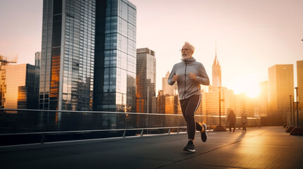 senior man with sportswear jogging at the city at sunset - healthy and active lifestyle concept - obrazy, fototapety, plakaty