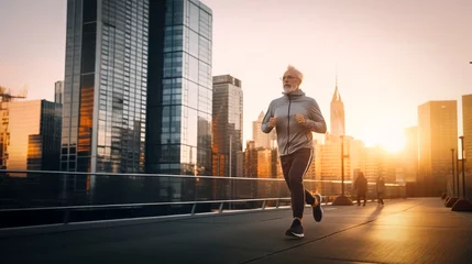 Foto op Plexiglas senior man with sportswear jogging at the city at sunset - healthy and active lifestyle concept © juancajuarez