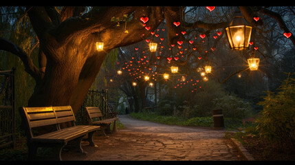 Night park decorated with red hearts illuminating trees with hanging lanterns for Valentine's day, creating a romantic atmosphere of love outdoors