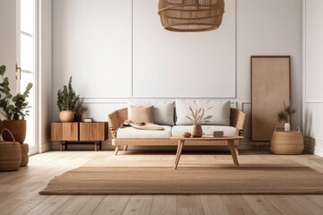 Mockup of a blank wall in a room decorated in a Scandinavian style with wooden furnishings. Interior decor that is minimal