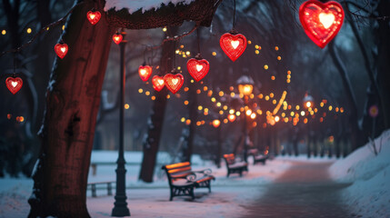 Night park decorated with red hearts illuminating trees with hanging lanterns for Valentine's day, creating a romantic atmosphere of love outdoors