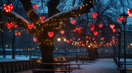 Night park decorated with red hearts illuminating trees with hanging lanterns for Valentine's day, creating a romantic atmosphere of love outdoors