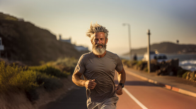 middle-aged man running outdoors near a maritime promenade - healthy and active lifestyle concept