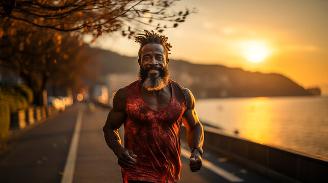 middle-aged athletic man running outdoors in a maritime walk at sunset - healthy and active lifestyle concept