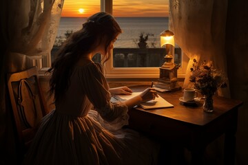 A woman in a dress sits at a table and writes a feast. Sunset time. View from the window. Woman writing a letter with a pen

