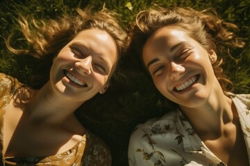 two happy women lying on the grass and smiling. Two young women are lying on the grass in a park while they are joking - Back light portrait of millennials having a summer day at sunset in the city