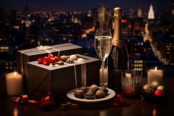Valentine's day or birthday holiday dinner table with champagne glasses, sweets and gift boxes