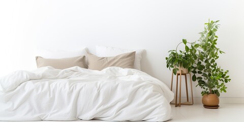 Isolated white background with bed and bedding.