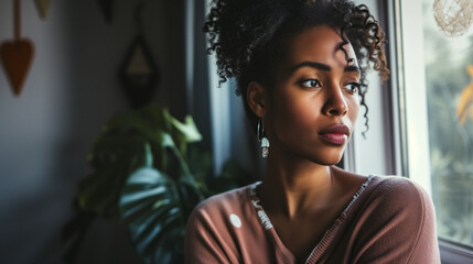 Young black woman looking out the window worried and anxious after redundancy and job loss - obrazy, fototapety, plakaty