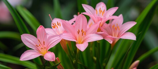 Zephyranthes carinata, also called rosepink zephyr lily or pink rain lily, is a garden plant with big pink flowers and strap-like green leaves.