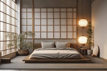 Japanese style bedroom with tatami mat flooring, plants, and decorative lamps on the wall. rednering