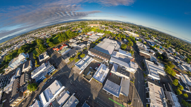 Aerial drone view, from Rostrevor Street, over Hamilton City (Kirikiriroa) in the Waikato region of New Zealand
