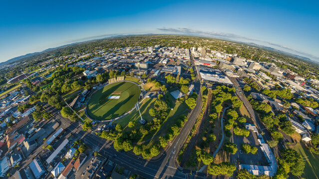 Aerial drone view, from Seddon Park, over Hamilton City (Kirikiriroa) in the Waikato region of New Zealand