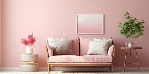 Poster against wall in cozy living room with pink and red armchair and pillows on settee.