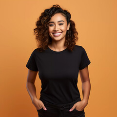 Mockup. Fashion Photography: Smiling Latina Women in Black T-Shirt