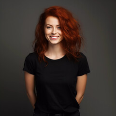 Obraz premium Mockup. Fashion Photography: Smiling Redhead Women in Black T-Shirt