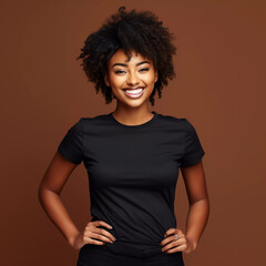 Mockup. Smiling Beautiful Black Women in Black T-Shirt