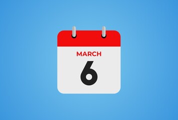 6 March calendar icon on blue background. Flat design. 
