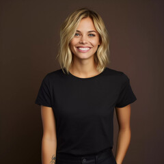 Mockup. Smiling Beautiful Blonde Women in Black T-Shirt