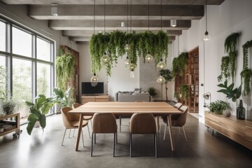 A dining room with a communal table and an open living area in a modern environment