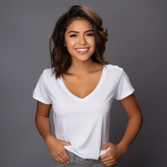 Fototapeta premium Mockup. Smiling Beautiful Latina Women with D Cup Bra Size