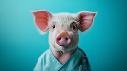 Cute Pig with Stethoscope on Blue Background